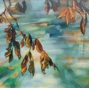 An original painting on canvas of rust and ochre coloured Autumnal tree leaves hanging over blue green water, in a bespoke off white frame.