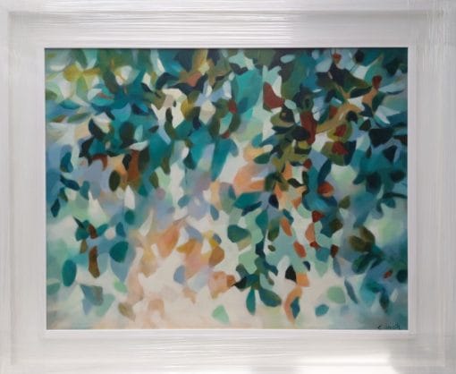 An original painting on canvas of a leafy canopy scene in soft calm grey green, mint and peach tones in a bespoke off white frame.