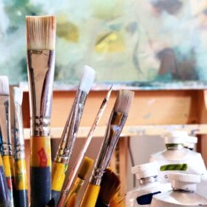 Eibhilin Crossan Art Studio shot with paintbrushes and easel