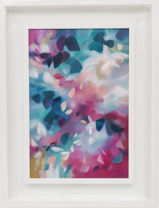 A Softly blended pink and blue abstracted leafy tree canopy painting in a bespoke white frame, from the Canopy Series by Irish nature artist Eibhilin Crossan