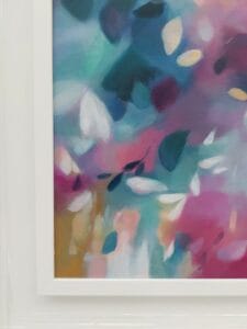 A Softly blended pink and blue abstracted leafy tree canopy painting from the Canopy Series by Irish nature artist Eibhilin Crossan