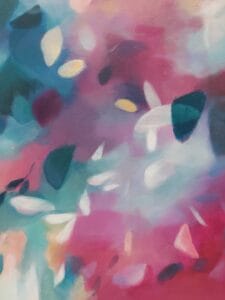 A Softly blended pink and blue abstracted leafy tree canopy painting from the Canopy Series by Irish nature artist Eibhilin Crossan