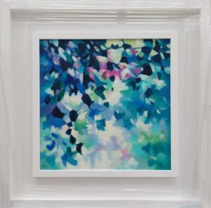 An original painting on canvas of leafy trailing plants in cool blue and green shades, with a pop of fuchsia pink, in a bespoke off white frame.