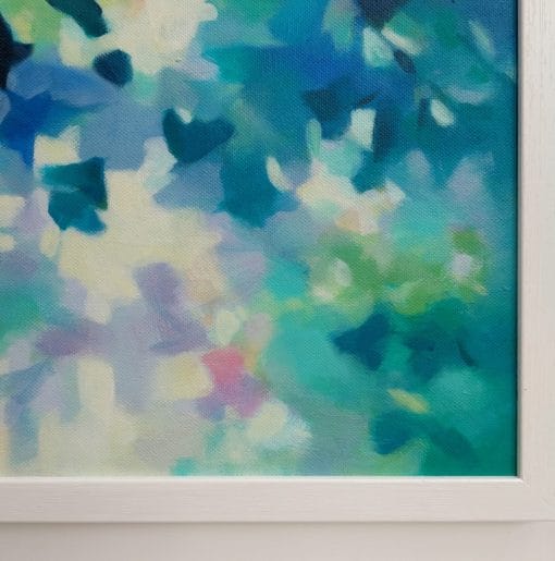 An original painting on canvas of leafy trailing plants in cool blue and green shades, with a pop of fuchsia pink, in a bespoke off white frame.