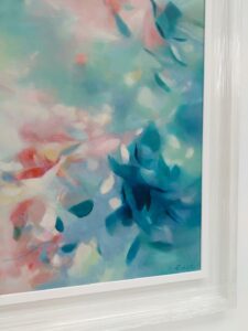 A Soft blue and pink abstracted leafy tree canopy painting from the Canopy Series by Irish nature artist Eibhilin Crossan