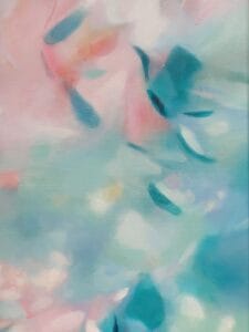 A Soft blue and pink abstracted leafy tree canopy painting from the Canopy Series by Irish nature artist Eibhilin Crossan