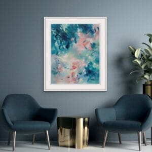 A Soft blue and pink abstracted leafy tree canopy painting from the Canopy Series by Irish nature artist Eibhilin Crossan. Set on a dark blue green wall with velvet chairs and gold metal side table.