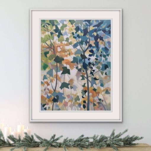 An original painting on canvas of a leafy canopy scene in mellow autumnal orange, gold and green shades, in a bespoke off white frame.