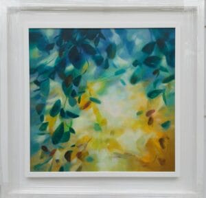 An original painting on canvas of a leafy canopy scene in mellow autumnal gold and green shades, in a bespoke off white frame.