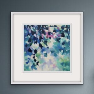 An original painting on canvas of leafy trailing plants in cool blue and green shades, with a pop of fuchsia pink, in a bespoke off white frame, Set against a dark wall.