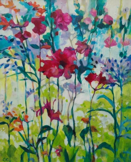 Colourful floral original painting in a white frame of coppertip and sweatpea flowers growing wild in a garden by Irish nature artist Eibhilin Crossan
