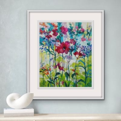 Colourful floral original painting in a white frame of coppertip and sweatpea flowers growing wild in a garden by Irish nature artist Eibhilin Crossan