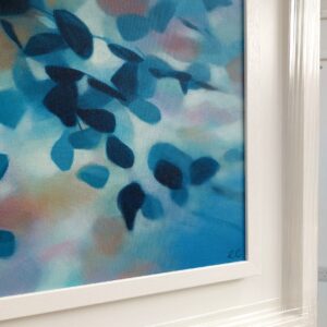 An original painting on canvas in cool shades of blue and navy, with a hint of brown, in a bespoke off white frame.