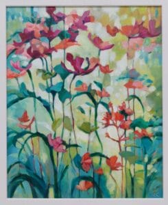 Colourful floral original painting in a white frame of peach flowers growing tall in a garden by Irish nature artist Eibhilin Crossan