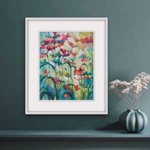 Colourful floral original painting in a white frame of peach flowers growing tall in a garden by Irish nature artist Eibhilin Crossan. A painting set against dark grey green wall with shelf and pot of dried flowers.