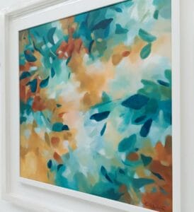 An original painting on canvas of a leafy canopy scene in mellow autumnal rust and pine green shades, in a bespoke off white frame.