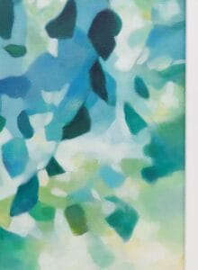 An original painting on canvas of tree leaves in spring like shades of blue and green, with a hint of yellow, in a bespoke off white frame.