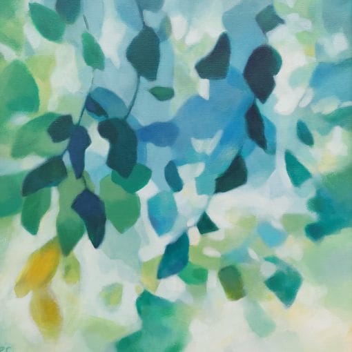 An original painting on canvas of tree leaves in spring like shades of blue and green, with a hint of yellow, in a bespoke off white frame.