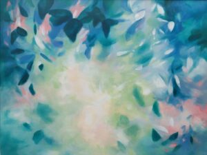 An original painting on canvas in Soft Green and Blue colours with pops of pink, of a leafy tree canopy with a Spring like feel