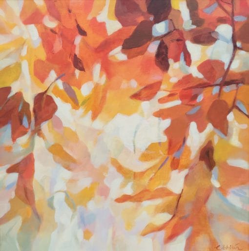 An original painting on canvas of a leafy canopy scene in mellow autumnal orange, gold and brown shades.
